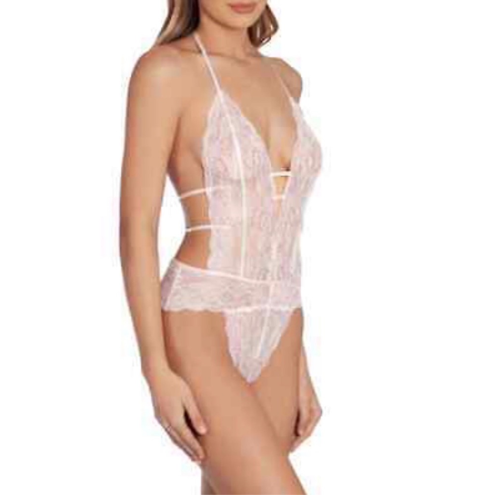 BY JONQUIL Lace Thong Teddy In Alabaster Pink L